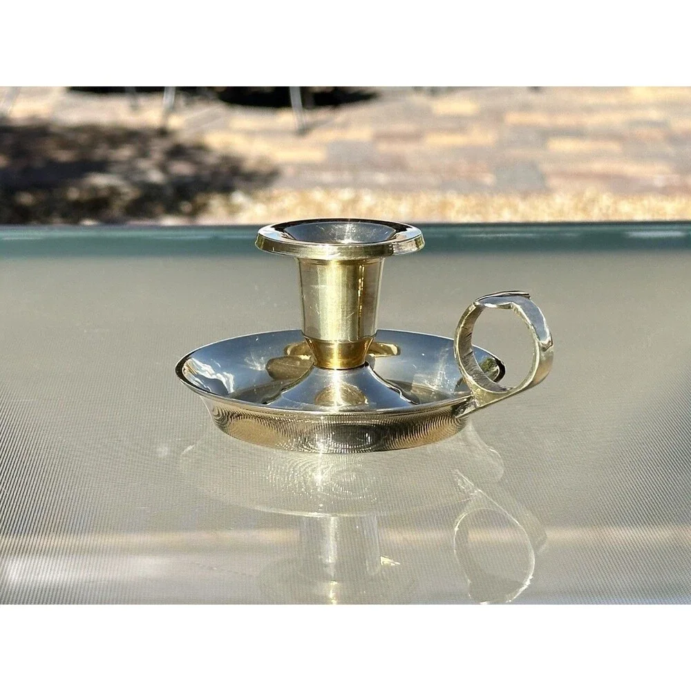 Solid Brass Chamberstick Candle Holder Finger Loop Drip Pan Made In India